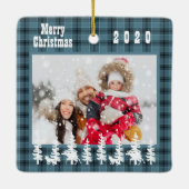 Familiefoto kerst blauw geruit landelijke stijl keramisch ornament (Achterkant)