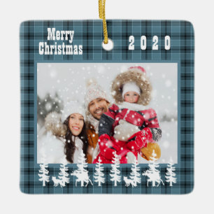 Familiefoto kerst blauw geruit landelijke stijl keramisch ornament