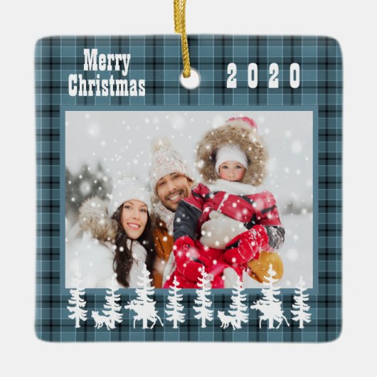 Familiefoto kerst blauw geruit landelijke stijl keramisch ornament (Voorkant)