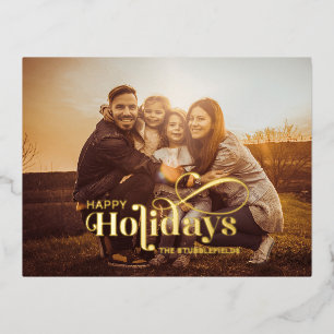 Familiefoto Kerst Calligrafie Groeten Goud Folie Feestdagen Briefkaart