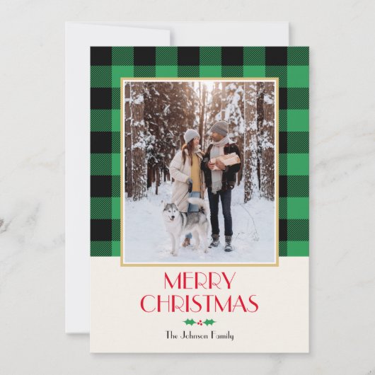 Familiefoto Kerst Custom Rustic Green Flat Feestdagenkaart (Voorkant)