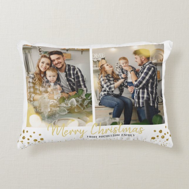 Familiefoto Kerst Gouden Confetti Accent Kussen (Voorkant)