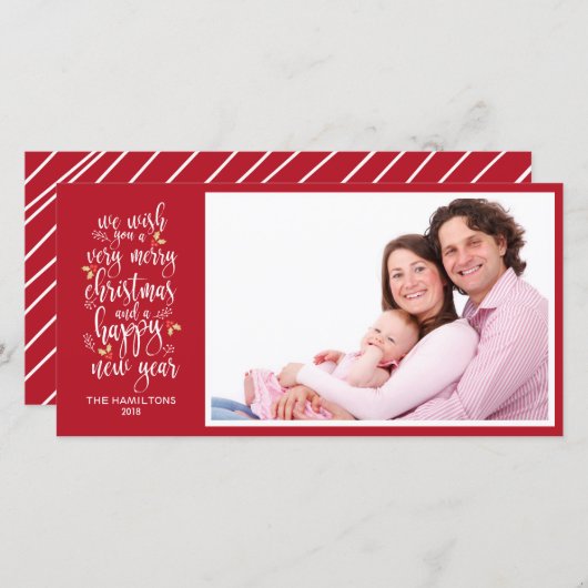 Familiefoto Kerst Kaarten Schattige Rood Wit Scrip (Voorkant / Achterkant)