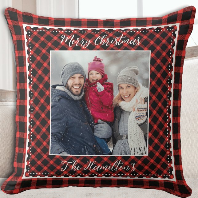 Familiefoto Kerst Rode Buffel Plaid Kussen (Family Photo Christmas Red Buffalo Plaid Throw Pillow)