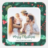Familiefoto Kerst Waterverf Botanicals Vierkante Sticker (Voorkant)