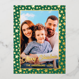 Familiefoto Kerstelegant script sterren groen Folie Feestdagen Briefkaart