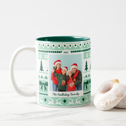 Familiefoto Kersttrui Mint Groen Tweekleurige Koffiemok (Met donut)