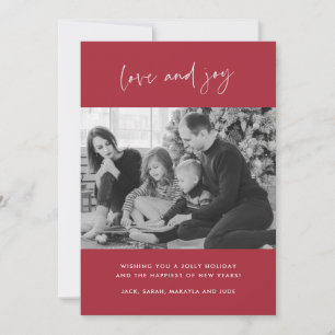 Familiefoto Liefde en Joy Red Plaid Christmas Kaar Feestdagenkaart