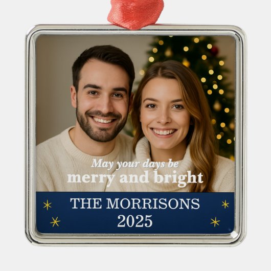 Familiefoto Marine Blauw en Goud Sneeuwvlok Metalen Ornament (Voorkant)