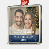 Familiefoto Marine Blauw en Goud Sneeuwvlok Metalen Ornament (Links)