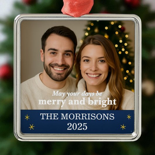 Familiefoto Marine Blauw en Goud Sneeuwvlok Metalen Ornament