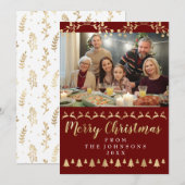 Familiefoto Merry Kerstmis Golden Script Burgund Feestdagenkaart (Voorkant / Achterkant)