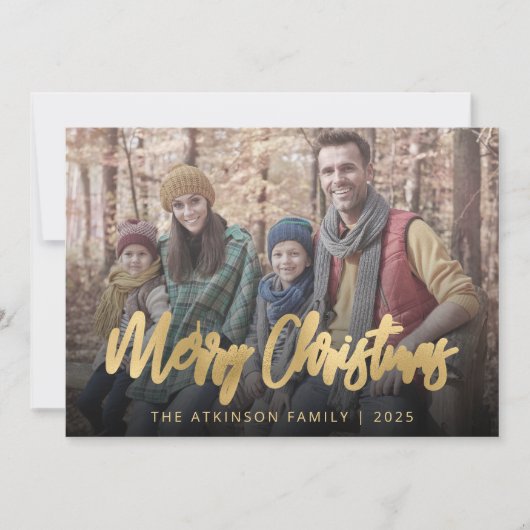 Familiefoto Merry kerstscript beige Feestdagenkaart (Voorkant)