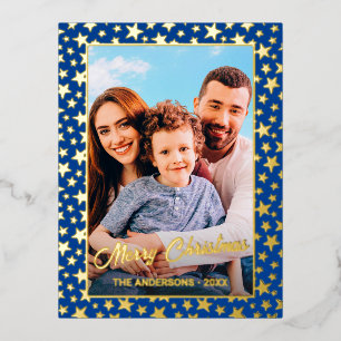 Familiefoto Merry kerstster blauw modern Folie Feestdagen Briefkaart