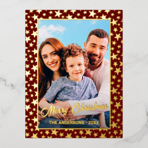 Familiefoto Merry Kerststerren Red Bourgogne Folie Feestdagen Briefkaart