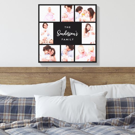 Familiefoto met 8 secties in zwarte lijst canvas afdruk (Insitu (Slaapkamer))