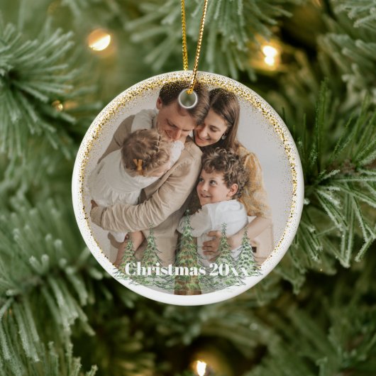Familiefoto Minimal Gold Glitter Custom Christmas Keramisch Ornament (Boom)