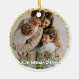 Familiefoto Minimal Gold Glitter Custom Christmas Keramisch Ornament