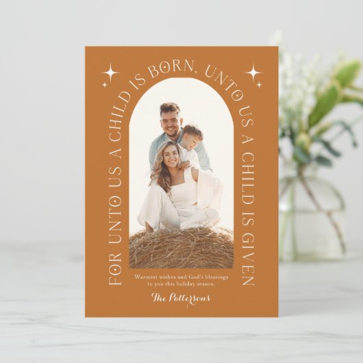 Familiefoto minimalistisch Sinaasappel Feestdagenkaart (Staand voorkant)