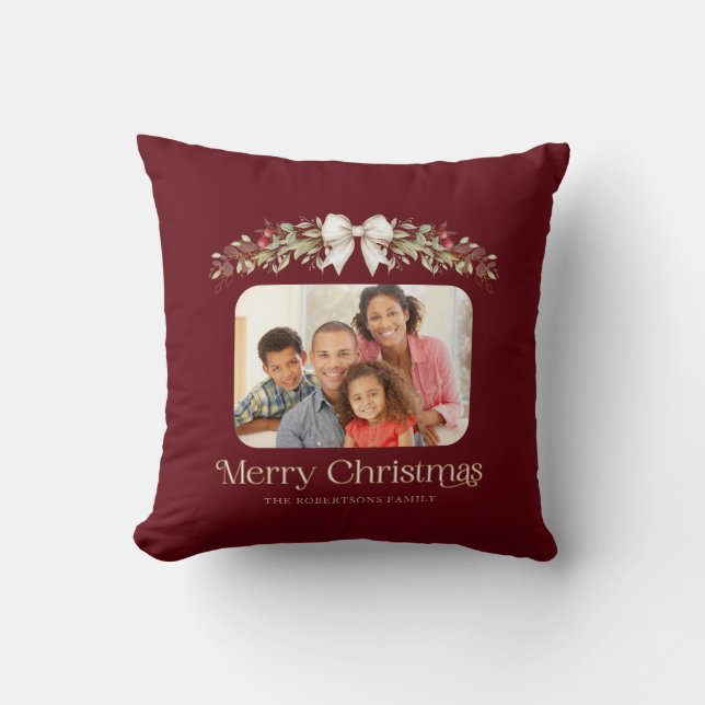 Familiefoto Modern Script Prettig Kerstfeest Kussen (Voorkant)