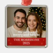 Familiefoto Moderne Rode en Gouden Sneeuwvlok Metalen Ornament (Voorkant)