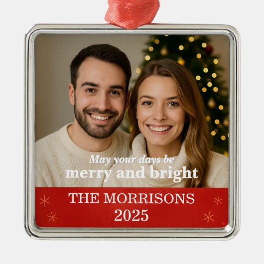 Familiefoto Moderne Rode en Gouden Sneeuwvlok Metalen Ornament (Voorkant)