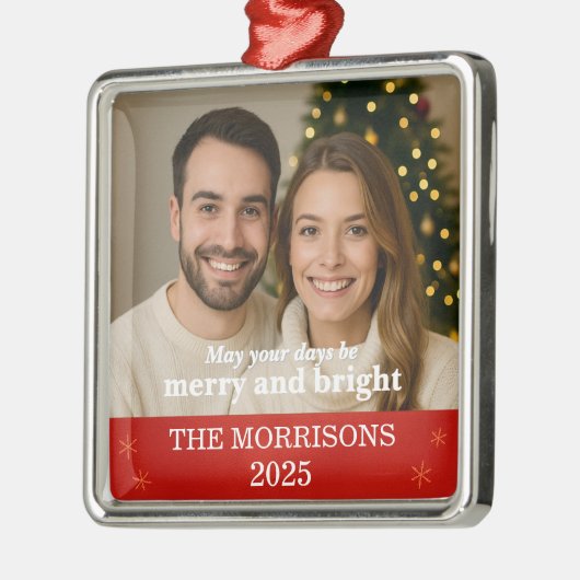 Familiefoto Moderne Rode en Gouden Sneeuwvlok Metalen Ornament (Links)