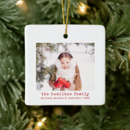 Familiefoto & naam Minimalistische kerstboom Keramisch Ornament