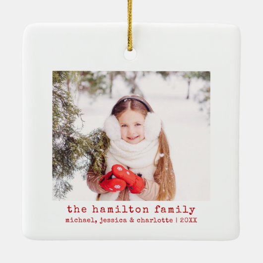 Familiefoto & naam Minimalistische kerstboom Keramisch Ornament (Achterkant)