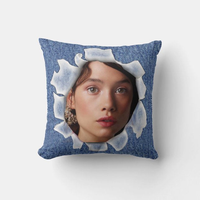 Familiefoto op een denim kussen (Voorkant)