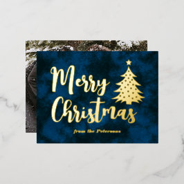 Familiefoto Prettig Kerstboom Blauw Goud Folie Feestdagen Briefkaart