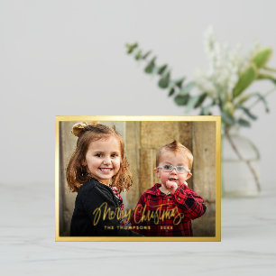 Familiefoto Prettig Kerstman Script Goud Folie Feestdagen Briefkaart