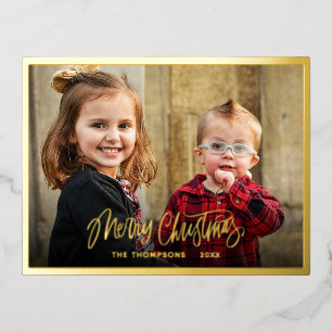 Familiefoto Prettig Kerstman Script Goud Folie Feestdagen Briefkaart