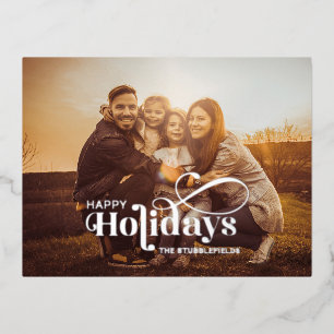 Familiefoto Prettig Kerstmis Calligraphy Zilver Folie Feestdagen Briefkaart
