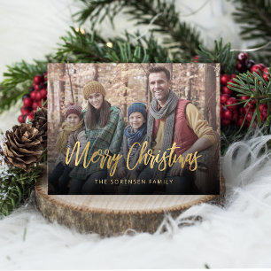 Familiefoto Prettig Kerstmis Gouden Schrift Beige  Feestdagenkaart