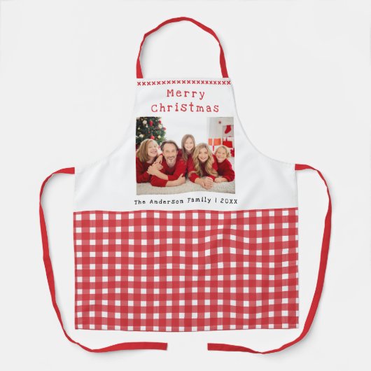 Familiefoto Rode Gingham Prettig Kerstfeest Schort (Voorkant)