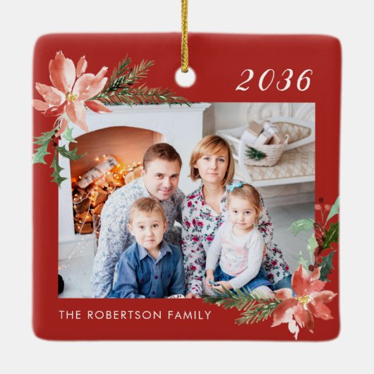 Familiefoto Rode Kerstmis Keramisch Ornament (Achterkant)
