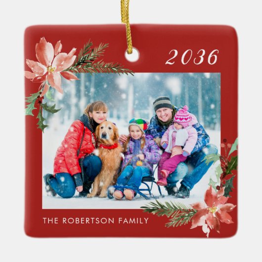 Familiefoto Rode Kerstmis Keramisch Ornament (Voorkant)