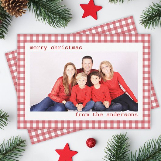 Familiefoto Rood en Wit Gingham Vrolijk kerstfeest Feestdagenkaart