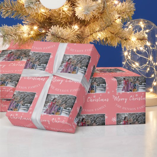 Familiefoto Roze Kerstscript  Cadeaupapier (Feestdagen)
