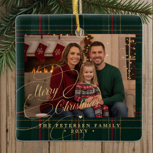 Familiefoto ruitpatroon klassieke kerst keramisch ornament