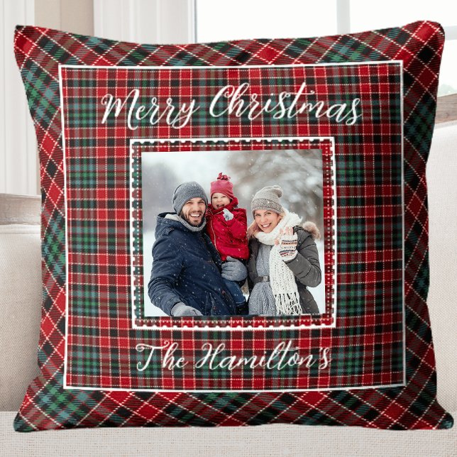 Familiefoto rustieke kerstplakken kussen (Family Photo Rustic Christmas Plaid Throw Pillow)