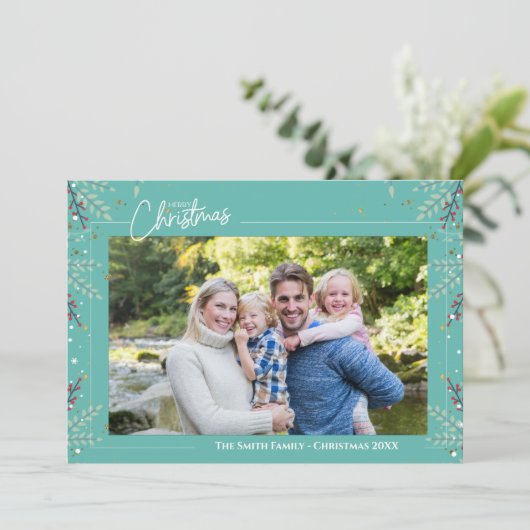 Familiefoto Vakantie Bladerdek Kerst Kaart (Staand voorkant)