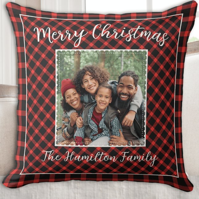 Familiefoto Vakantie Red Buffalo Plaid Kussen (Merry Christmas Family Photo in Red Plaid)