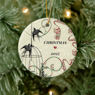 Familiefoto Vogels & Vogelkooi op Damask Keramisch Ornament