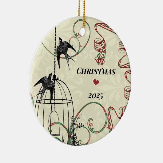 Familiefoto Vogels & Vogelkooi op Damask Keramisch Ornament (Rechts)