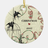 Familiefoto Vogels & Vogelkooi op Damask Keramisch Ornament (Voorkant)