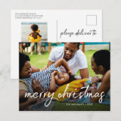 Familiefoto Vrolijk kerstborstel script Casual Feestdagenkaart (Voorkant / Achterkant)