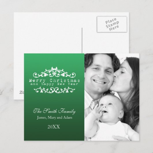 Familiefoto Vrolijk Kerstfeest Siergroen Feestdagenkaart (Voorkant / Achterkant)