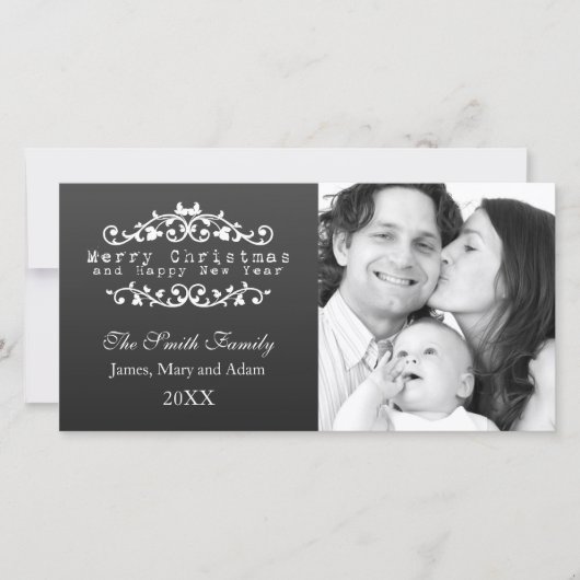Familiefoto Vrolijk Kerstfeest Sierzwart Feestdagenkaart (Voorkant)